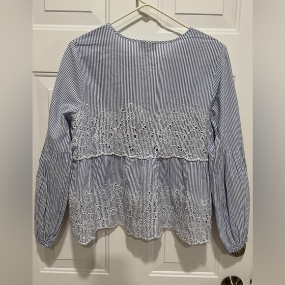 CeCe Blue and White Striped Blouse with Lace Accents - Picture 6 of 7